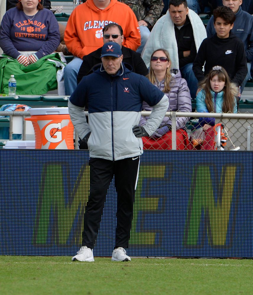 Virginia head coach George Gelnovatch watches his team during the 2019 ACC Men?s Soccer Championship at WakeMed Soccer Park in Cary, N.C., Sunday Nov. 17, 2019. (Photo by Sara D. Davis, the ACC)