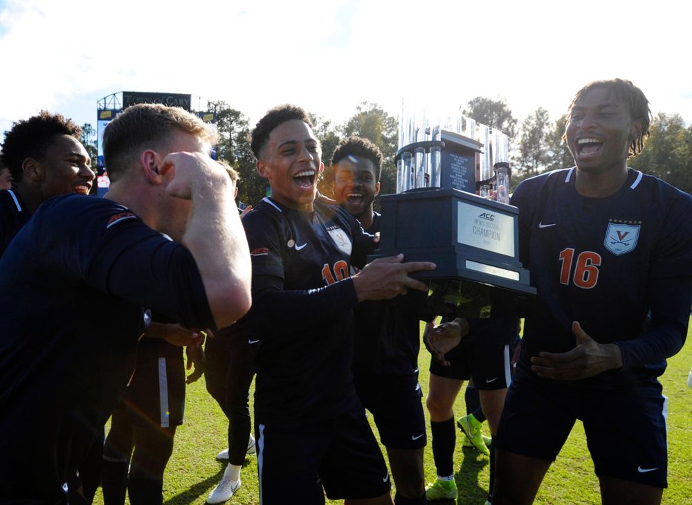 Virginia celebrates winning the 2019 ACC Men?s Soccer Championship at WakeMed Soccer Park in Cary, N.C., Sunday Nov. 17, 2019. (Photo by Sara D. Davis, the ACC)