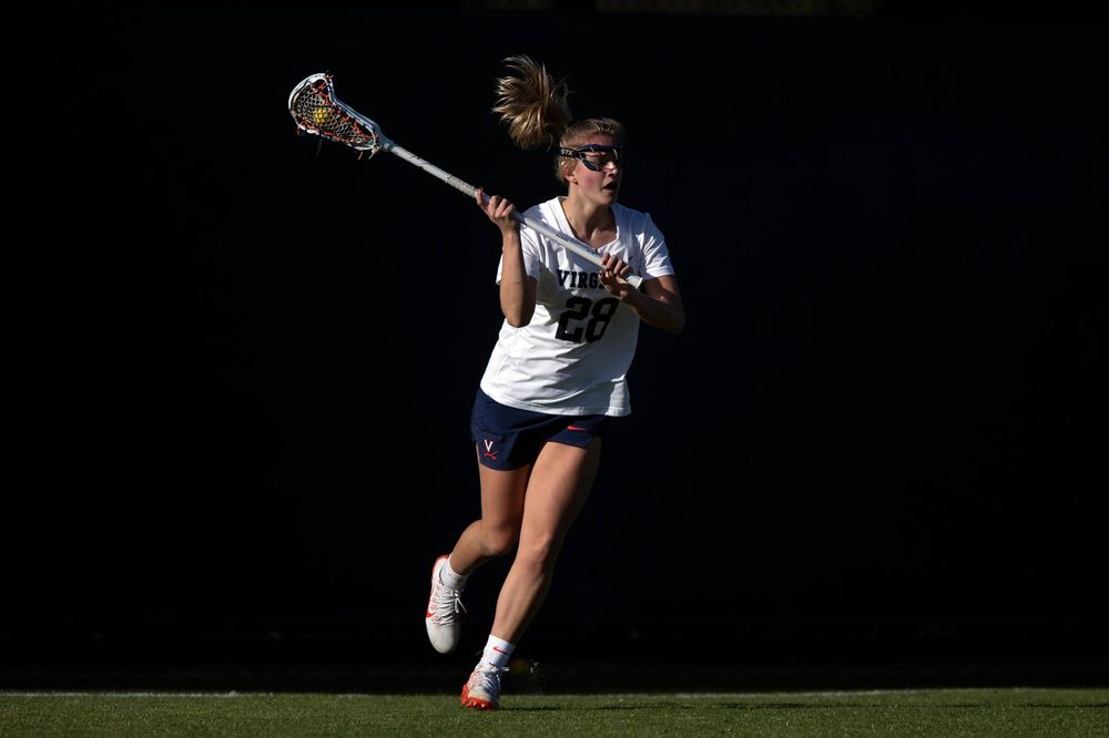 STANFORD, California - FEBRUARY 14:  Virginia Cavaliers midfield Nora Bowen (28) during the first half against the Stanford Cardinal at Cagan Stadium on February 14, 2020 in Stanford, California. The Virginia Cavaliers defeated the Stanford Cardinal 12-11. (Photo by Jason O. Watson)