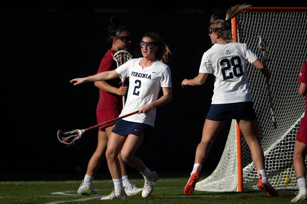 STANFORD, California - FEBRUARY 14:  Virginia Cavaliers midfield Sammy Mueller (2) scores a goal against the Stanford Cardinal during the first half at Cagan Stadium on February 14, 2020 in Stanford, California. The Virginia Cavaliers defeated the Stanford Cardinal 12-11. (Photo by Jason O. Watson)