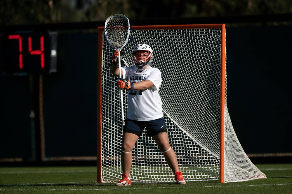 STANFORD, California - FEBRUARY 14:  Virginia Cavaliers goalkeeper Charlie Campbell (27) stands in goal against the Stanford Cardinal during the first half at Cagan Stadium on February 14, 2020 in Stanford, California. The Virginia Cavaliers defeated the Stanford Cardinal 12-11. (Photo by Jason O. Watson)