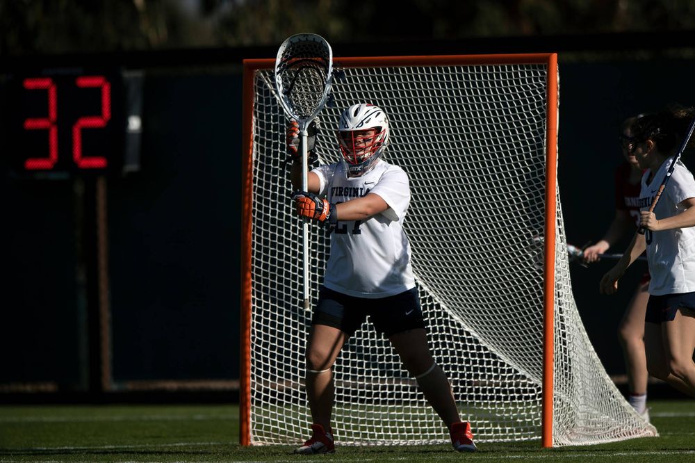 STANFORD, California - FEBRUARY 14:  Virginia Cavaliers goalkeeper Charlie Campbell (27) stands in goal during the first half against the Stanford Cardinal at Cagan Stadium on February 14, 2020 in Stanford, California. The Virginia Cavaliers defeated the Stanford Cardinal 12-11. (Photo by Jason O. Watson)