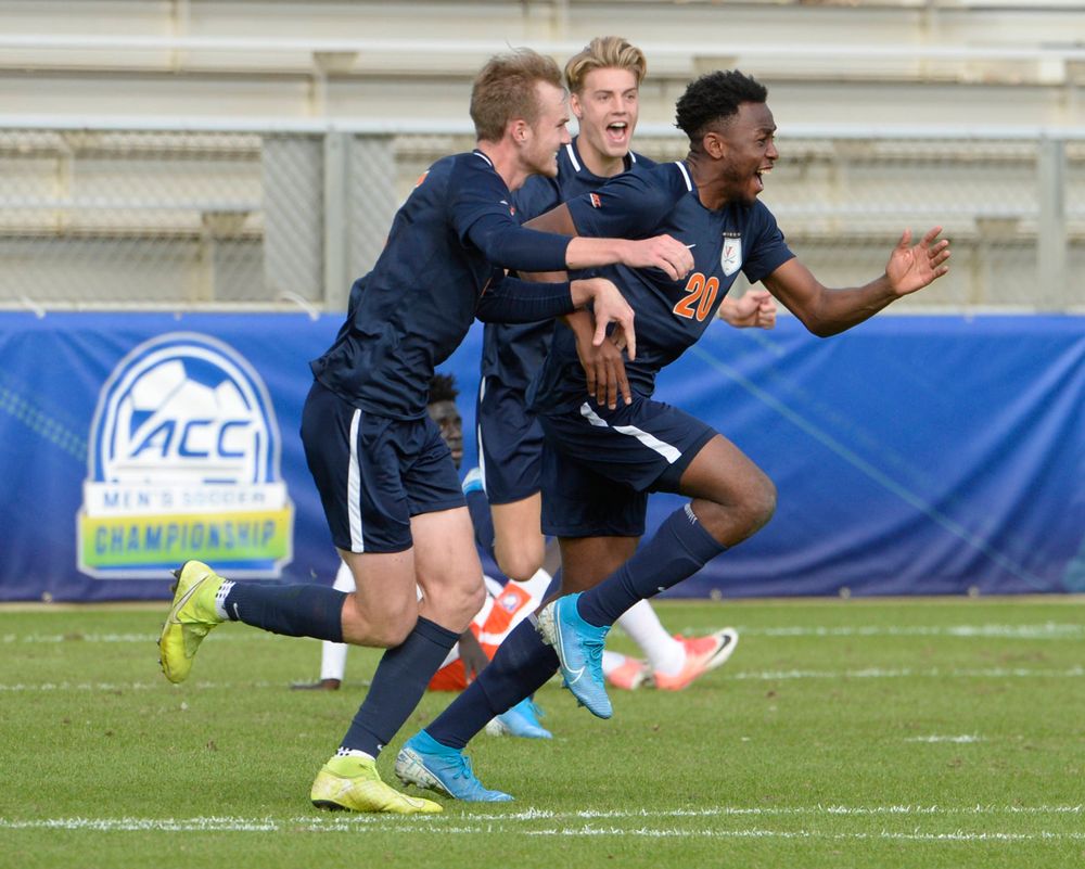 Virginia's Cabrel Happi Kamseu (20) celebrates his goal during the 2019 ACC Men?s Soccer Championship at WakeMed Soccer Park in Cary, N.C., Sunday Nov. 17, 2019. (Photo by Sara D. Davis, the ACC)