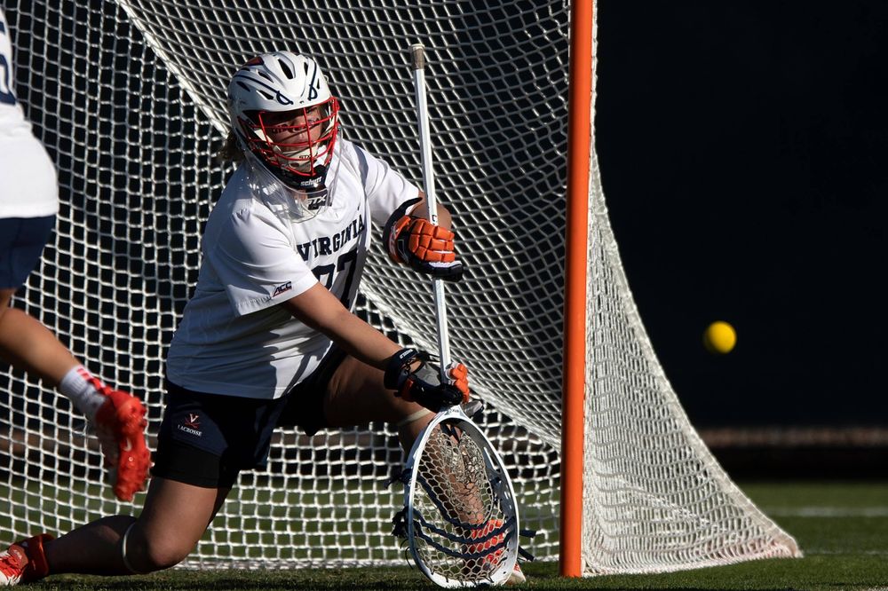 STANFORD, California - FEBRUARY 14:  Virginia Cavaliers goalkeeper Charlie Campbell (27) makes a save against the Stanford Cardinal during the first half at Cagan Stadium on February 14, 2020 in Stanford, California. The Virginia Cavaliers defeated the Stanford Cardinal 12-11. (Photo by Jason O. Watson)